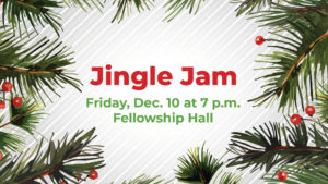 Jingle Jam with date and time on striped background with greenery border