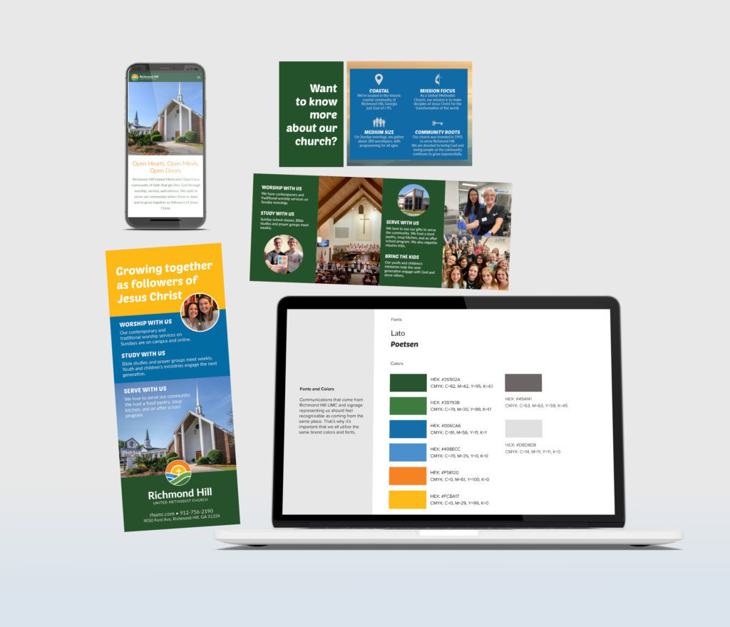 A mock-up of a brochure, rack card, website on iPhone and laptop with screen showing color swatches.