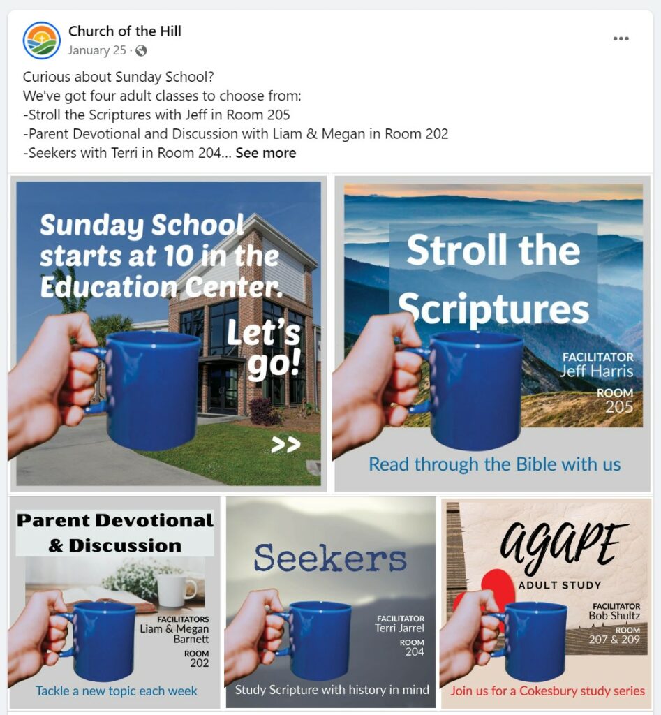 A gallery of graphics on Facebook that are all different except they have a hand holding a mug in the foreground